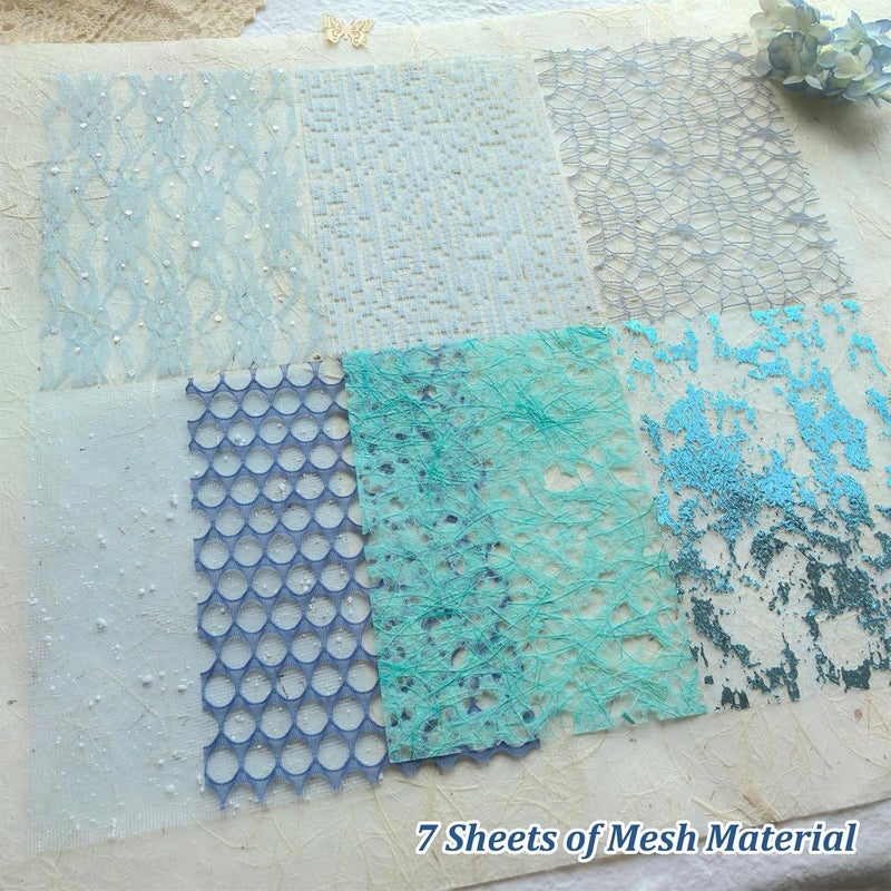 Flartmo 20 Unique A5 Textured Scrapbook Paper & Mesh Fabric Set, Handmade Craft Paper for Scrapbooking, Junk Journal Supplies, Card Making, Decoupage, Collage & Gift Embellishments (Blue) - Image 4